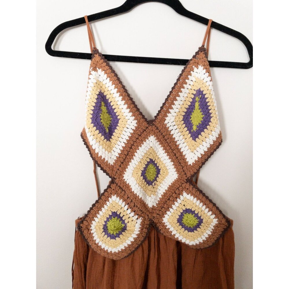 NEW By Anthropologie Boho Crochet Twofer Jumpsuit Rust Cream backless - Picture 5 of 14